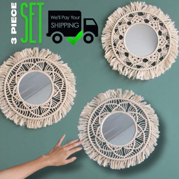 THREE (3)PC Set of Wall Mirrors Boho Beige Macrame Bohemian Global Decor NEW NIB - Picture 2 of 11